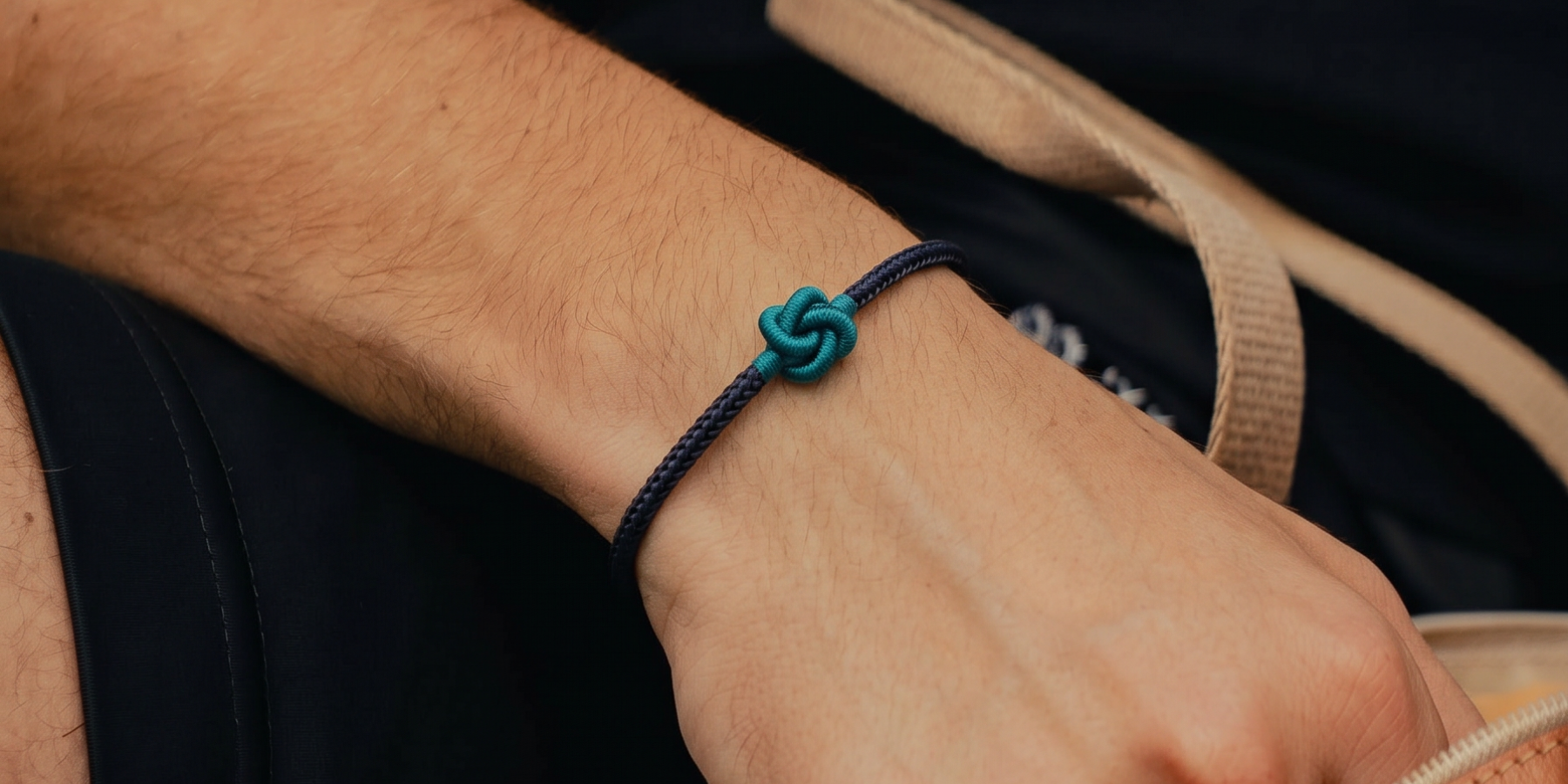 a black bracelet with a green knot