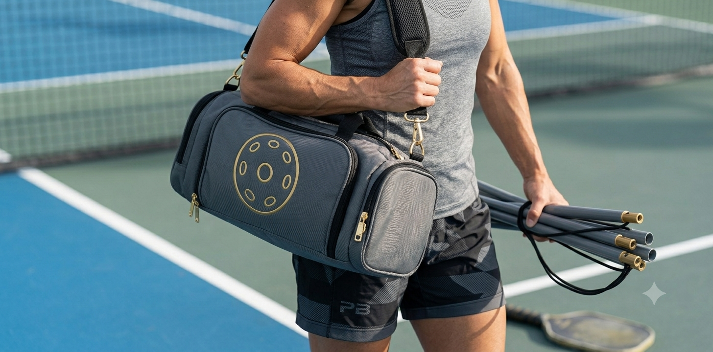 man holding pickleball net and wearing pickleball bag