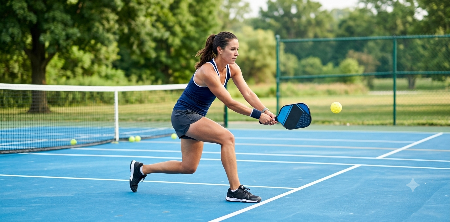 a female pickleball player holding a paddle and playing on the court