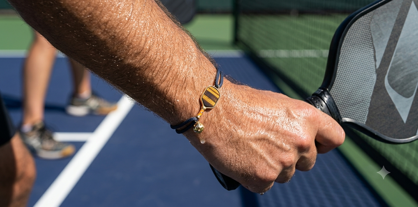 man wearing a pickleball bracelet on the court