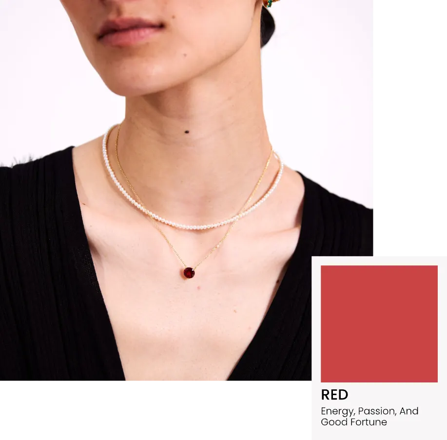 Necklace with a red pendant worn by a person, with a color swatch labeled 'Red' on a white background.