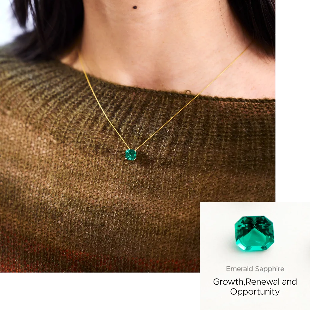Gold nylon necklace with an emerald sapphire pendant worn by a person, with a close-up inset of the gemstone.