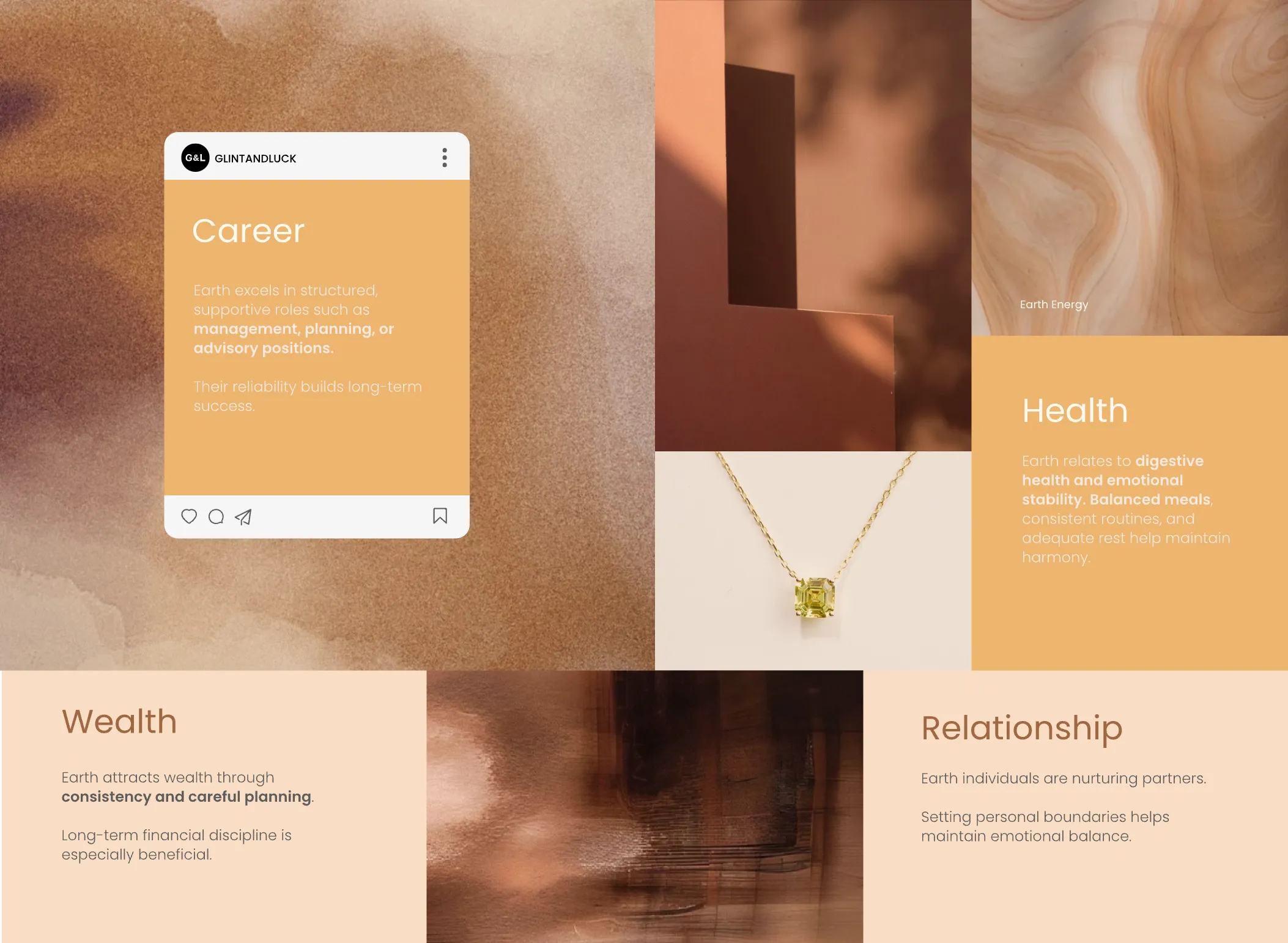 Career, Health, Wealth, and Relationship tips for the Earth Element type of person whose natural color is yellow based on Chinese Five Elements system.