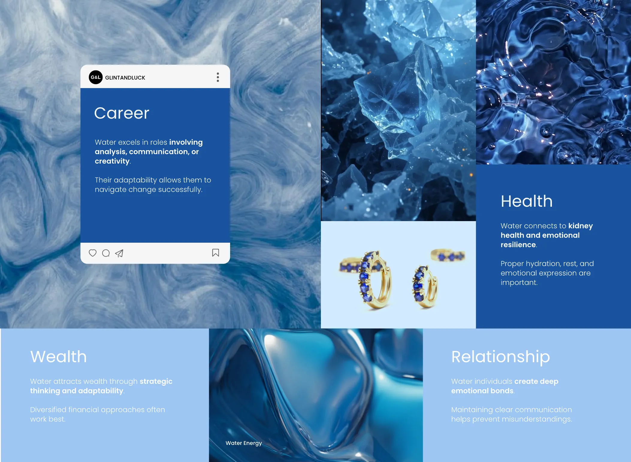 Career, Health, Wealth, and Relationship tips for the Water Element type of person whose natural color is blue based on Chinese Five Elements system.