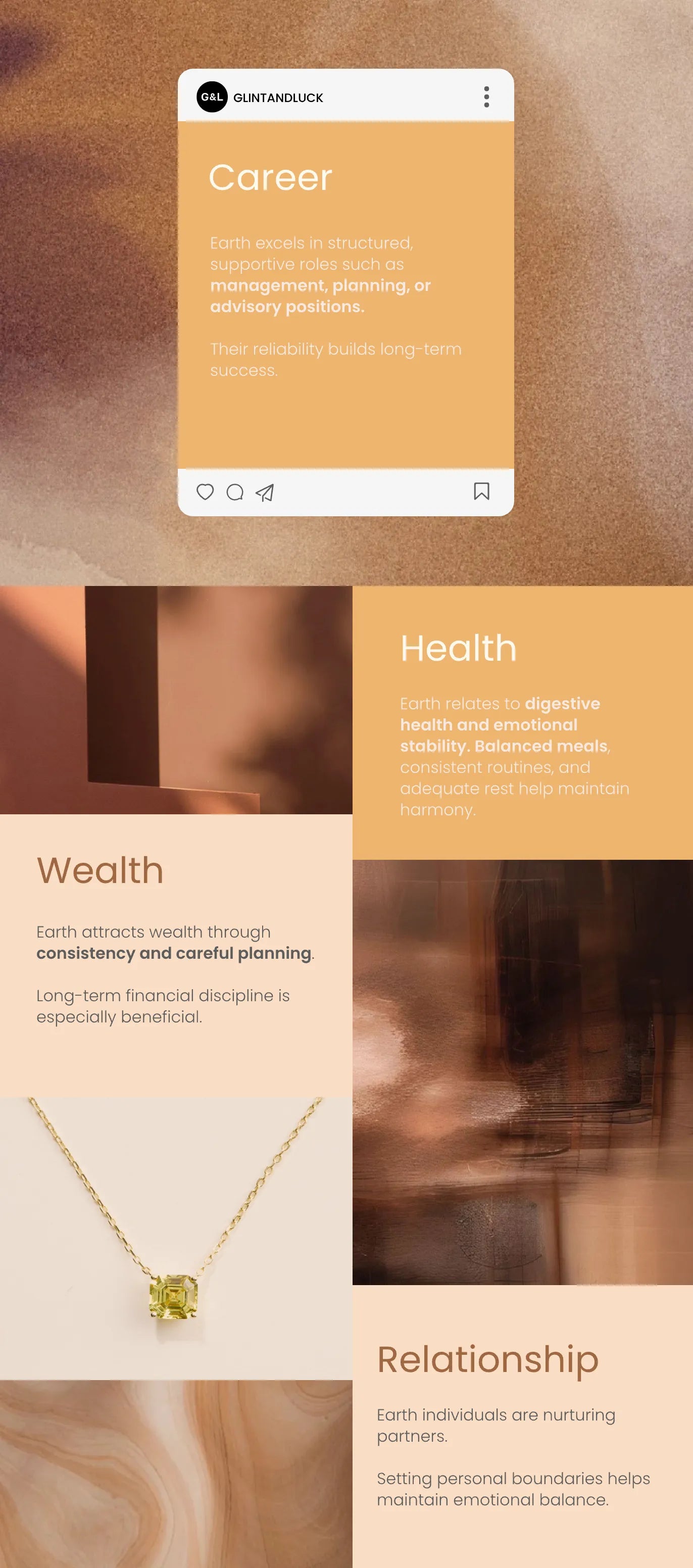 Career, Health, Wealth, and Relationship tips for the Earth Element type of person whose natural color is yellow based on Chinese Five Elements system.