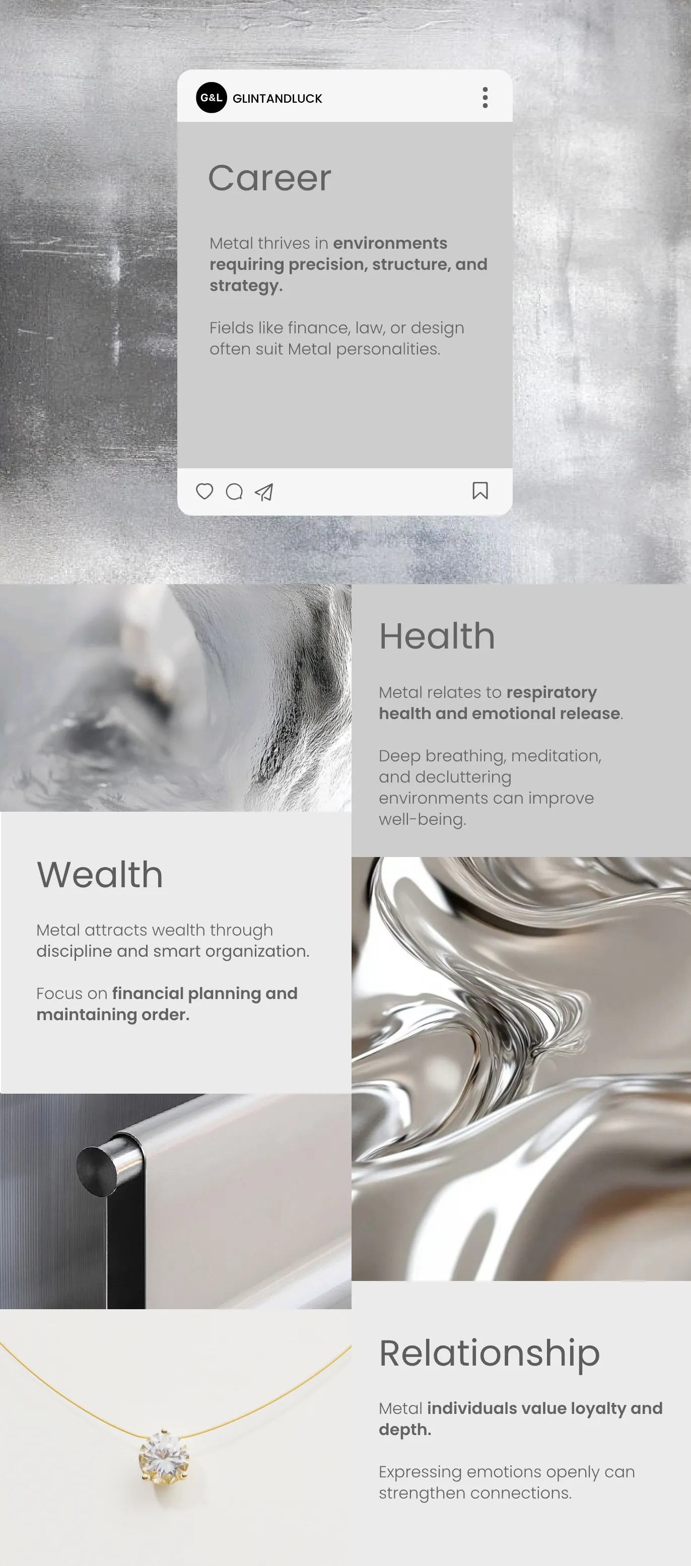 Career, Health, Wealth, and Relationship tips for the Metal Element type of person whose natural color is white/silver based on Chinese Five Elements system.