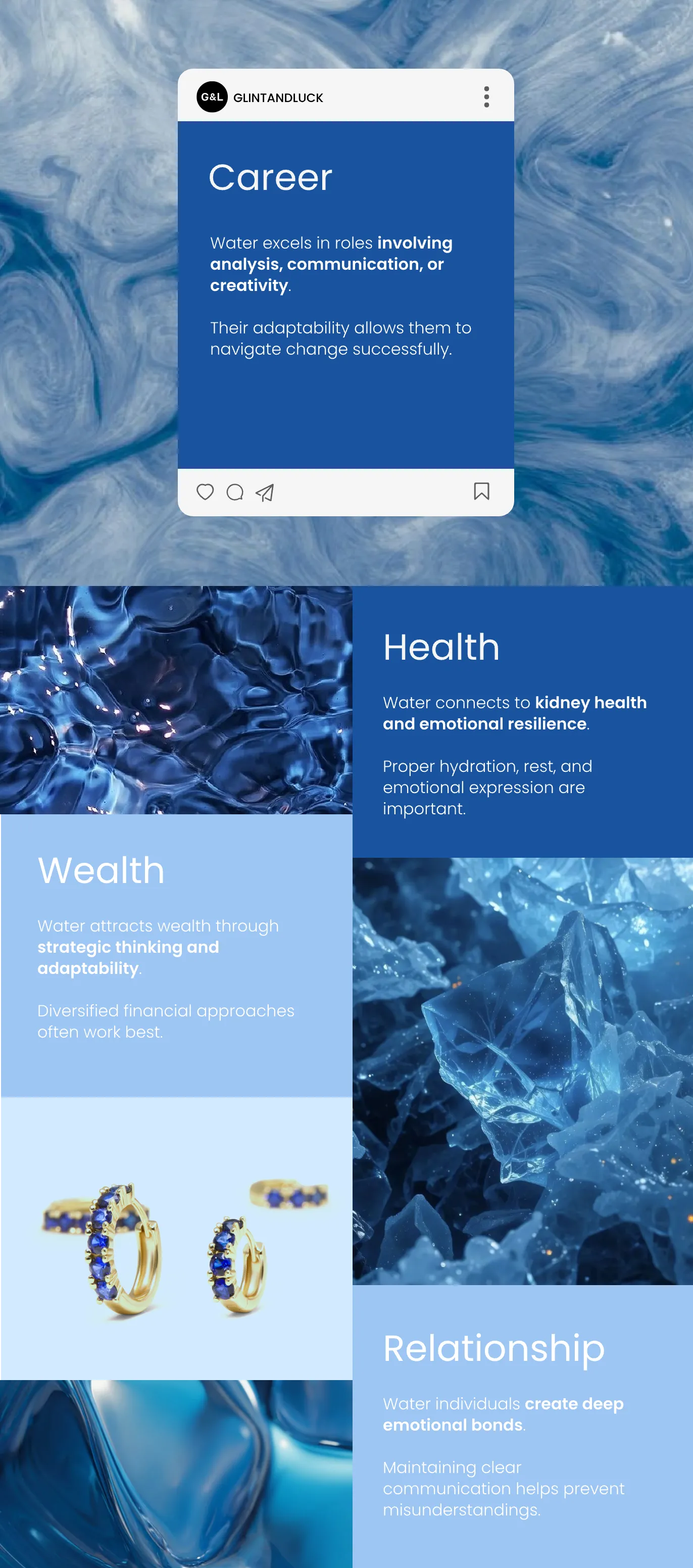 Career, Health, Wealth, and Relationship tips for the Water Element type of person whose natural color is blue.