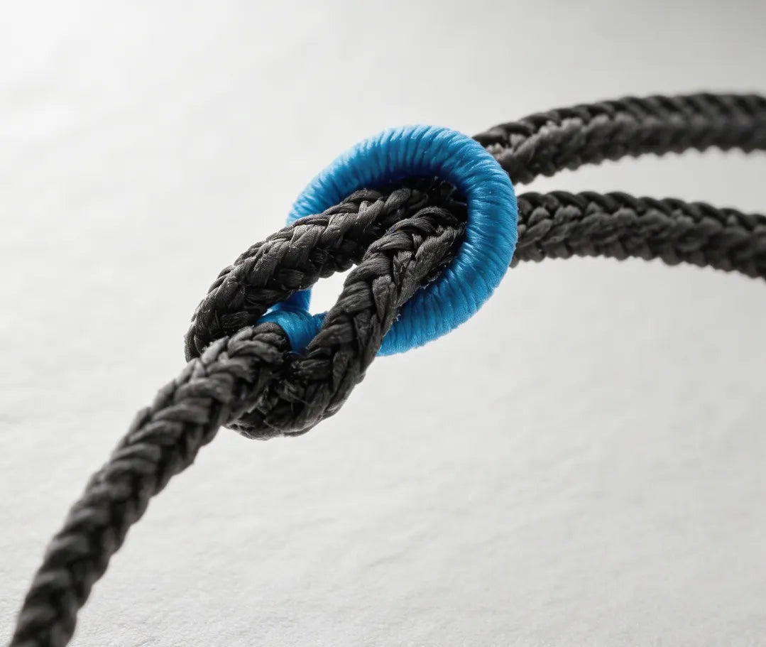 Close-up of a black rope with a blue mo xiang li knot