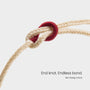Close-up of a mo xiang li knot on a white rope against a white background, featuring text 'End knot. Endless bond.