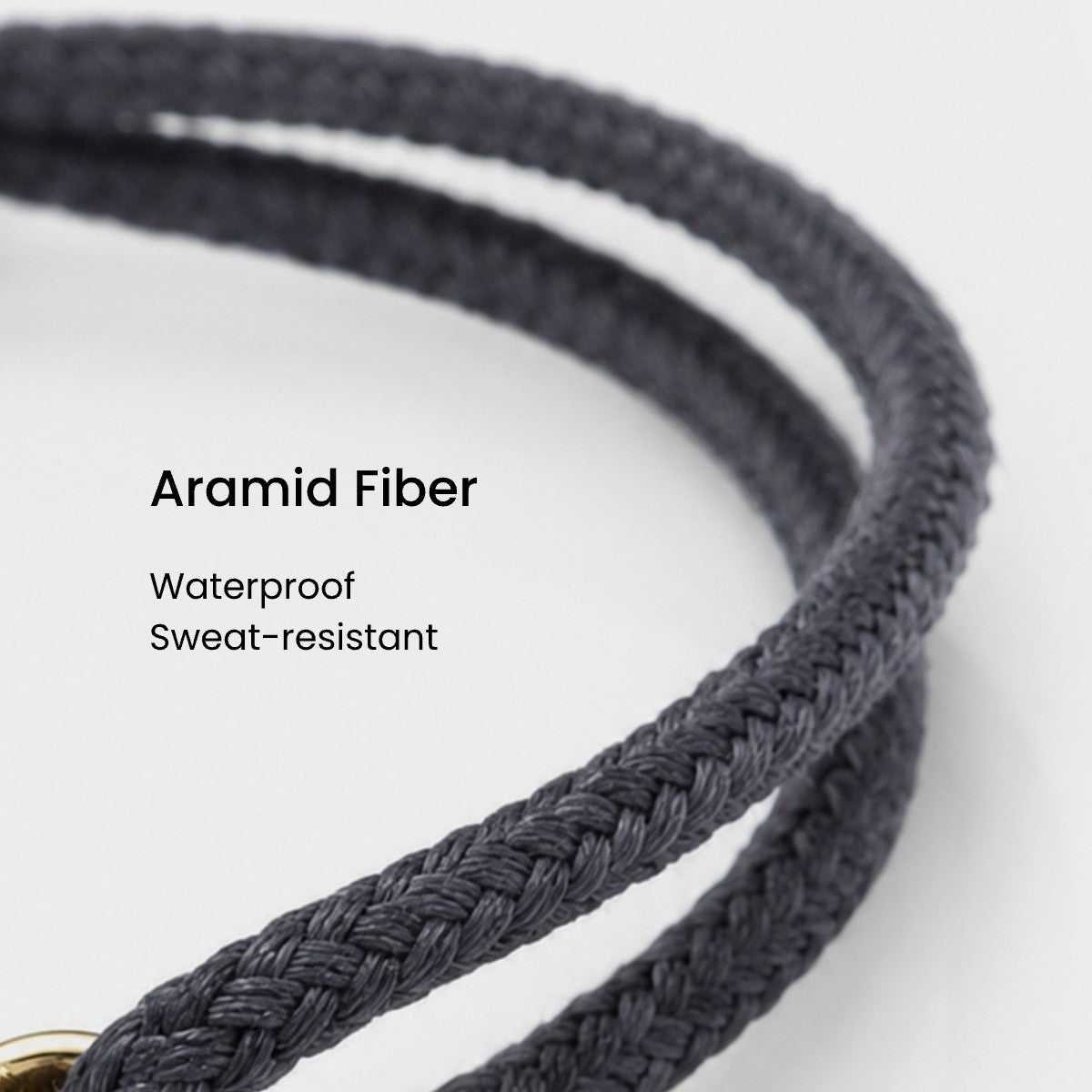 Gray aramid fiber cord with text on a white background