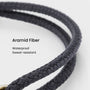 black aramid fiber cord with text on a white background