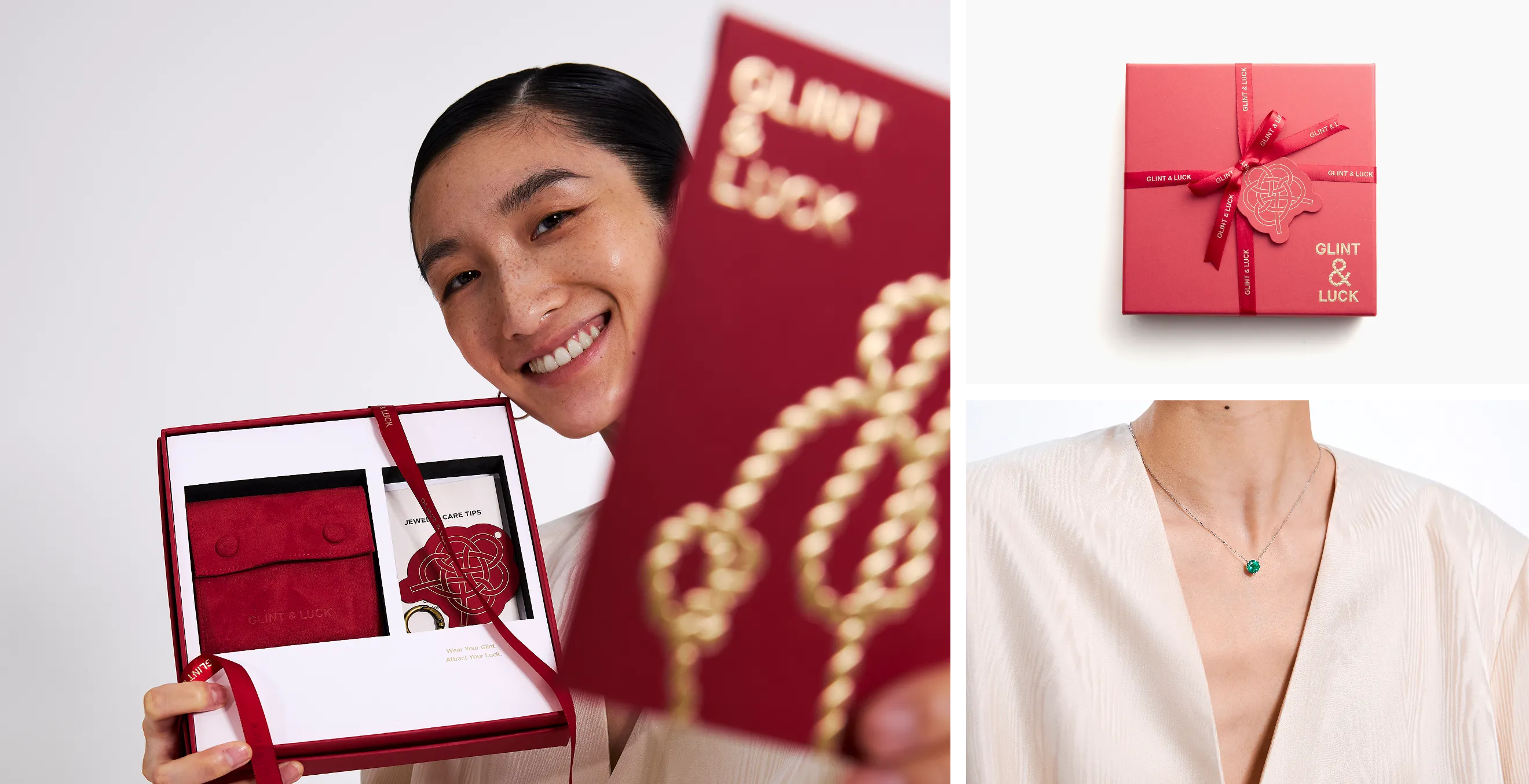 Woman holding a red jewelry box with 'Glint & Luck' text, close-up of necklace, and person wearing a green necklace.