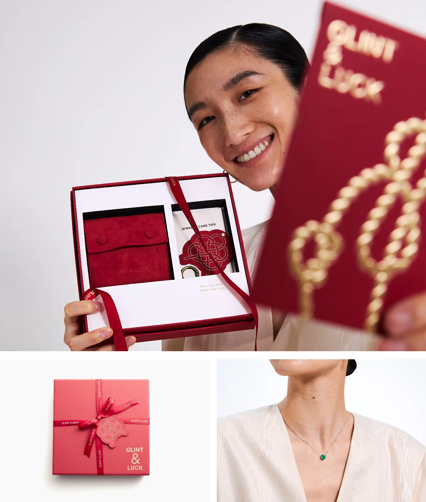 Woman holding a red gift box with ' Glint & Luck' branding, featuring jewelry and stationery items.