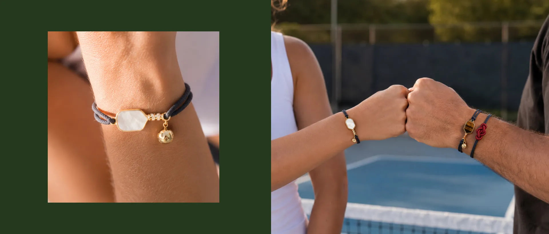 Close-up of a wrist wearing a pickleball bracelet with gold ball charms, followed by two people holding hands outdoors.
