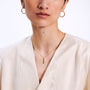 Close-up of a person wearing gold hoop earrings and a gold necklace with a pendant on a white background
