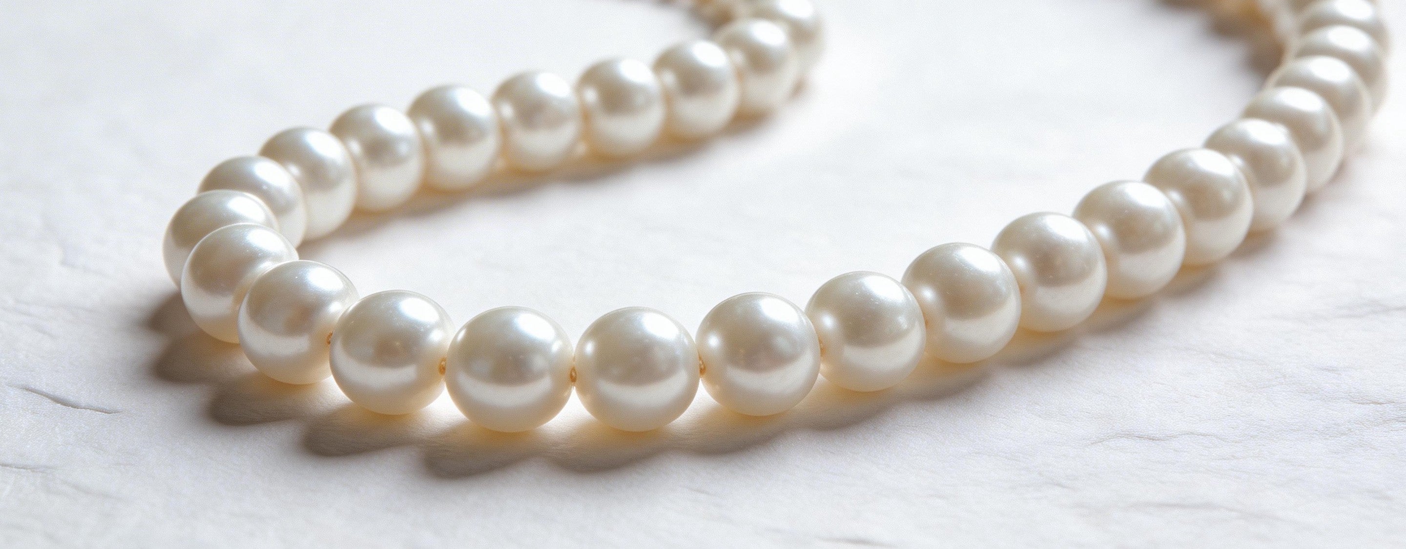 Pearl necklace on a light wooden surface